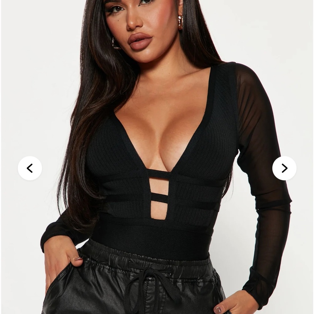 Fashion Nova Black Plunge Mesh Sleeve Strappy Bodysuit
